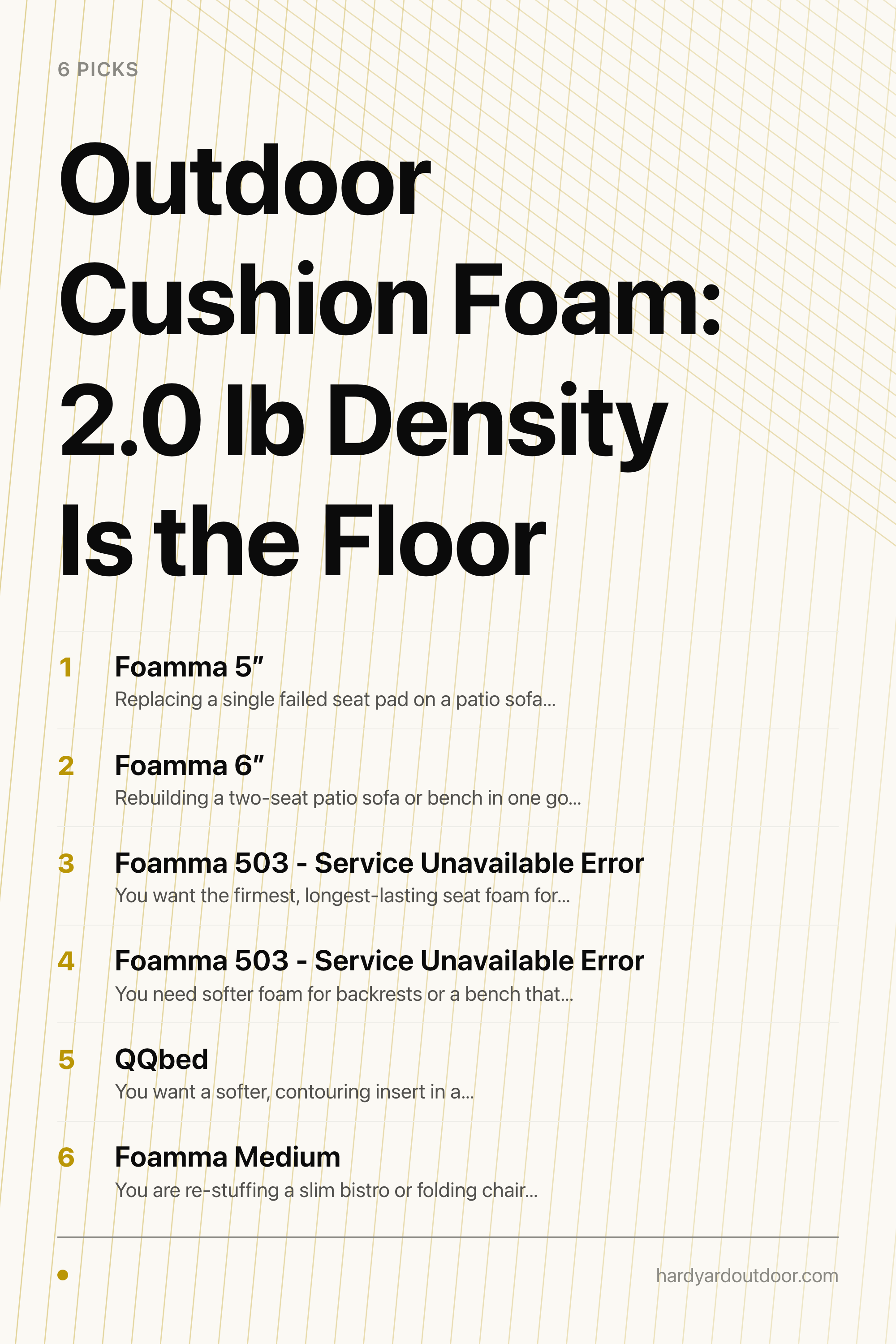 Outdoor Cushion Foam: 2.0 lb Density Is the Floor — the picks, as a saveable list